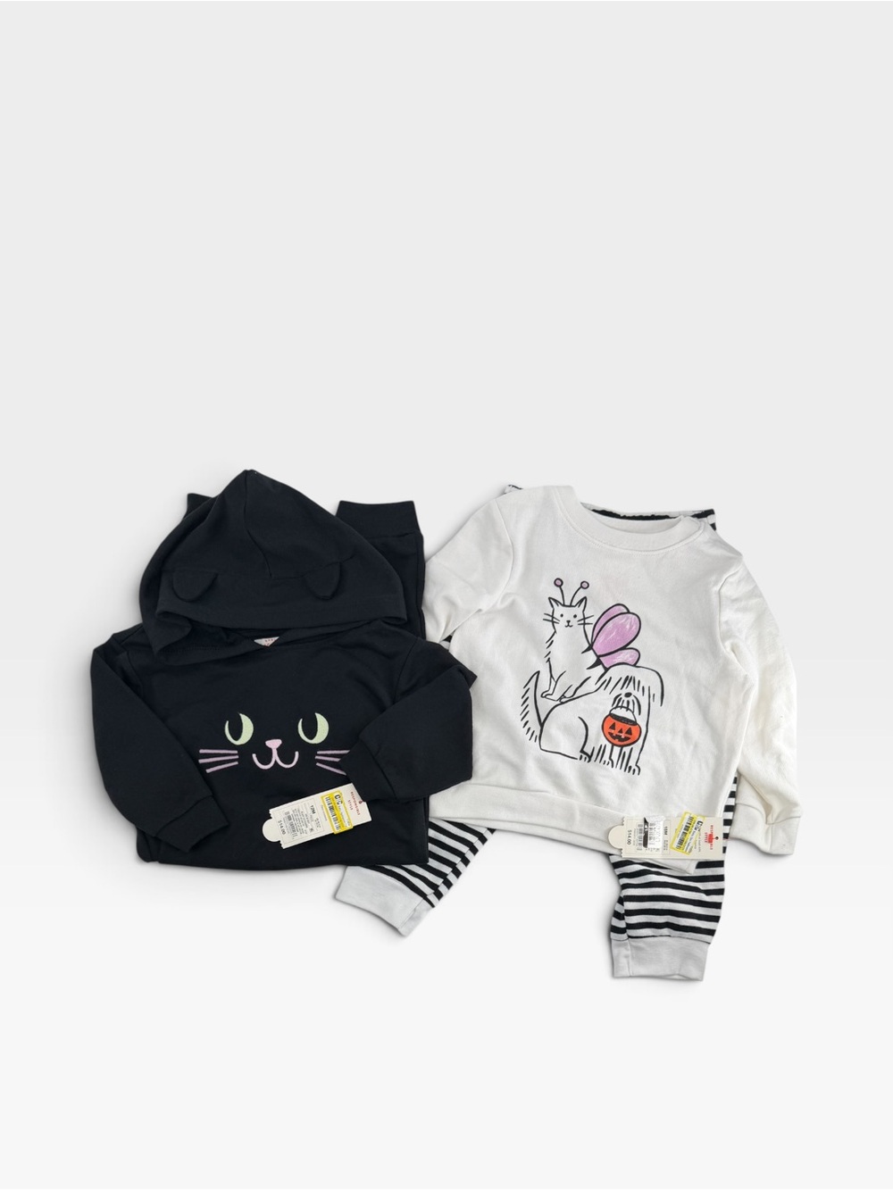 Kids Black Cat Hooded Sweatshirt & White Graphic Top Set-